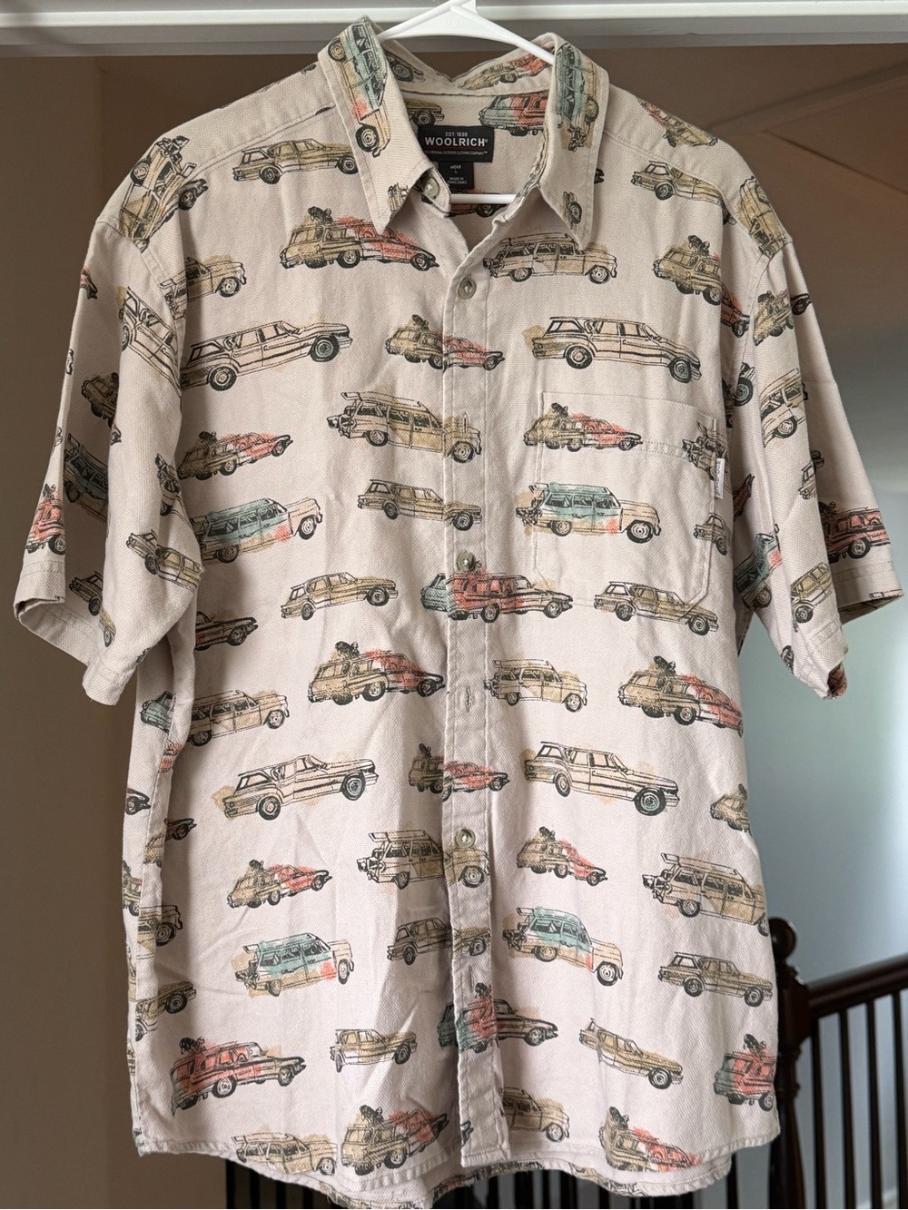 Woolrich Beige Short-Sleeve Button-Up Shirt with Multicolor Vintage Car Print